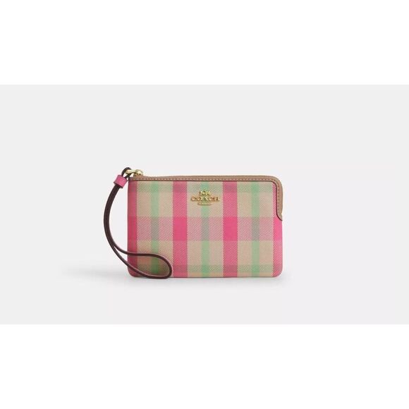 NWT Coach CBP18 Corner Zip Wristlet With Plaid IM/Pink Multi Gold Hardware - Picture 3 of 6